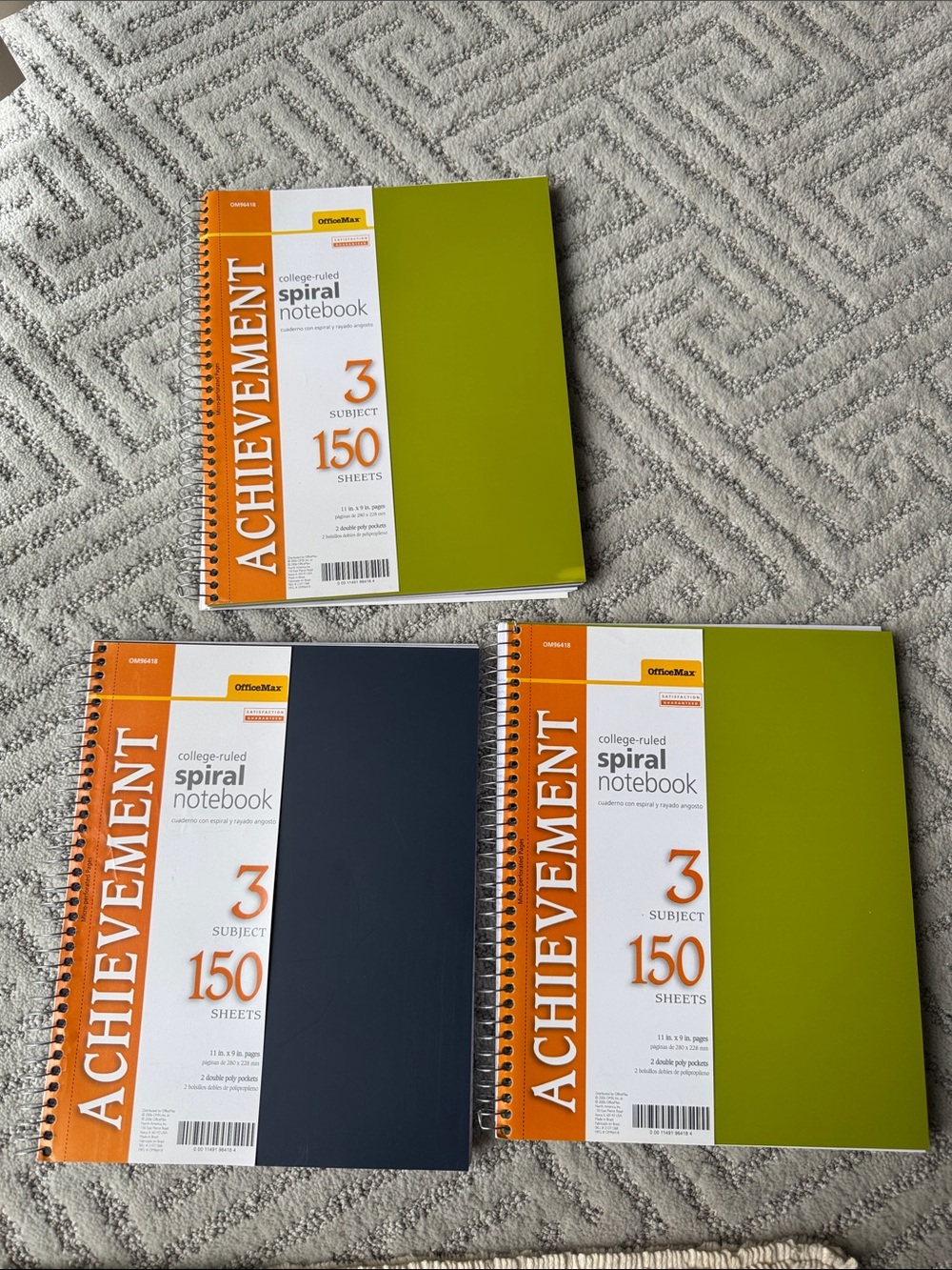 3X Office Max Achievement 3-Subject Spiral Notebook - Olive Green & Navy